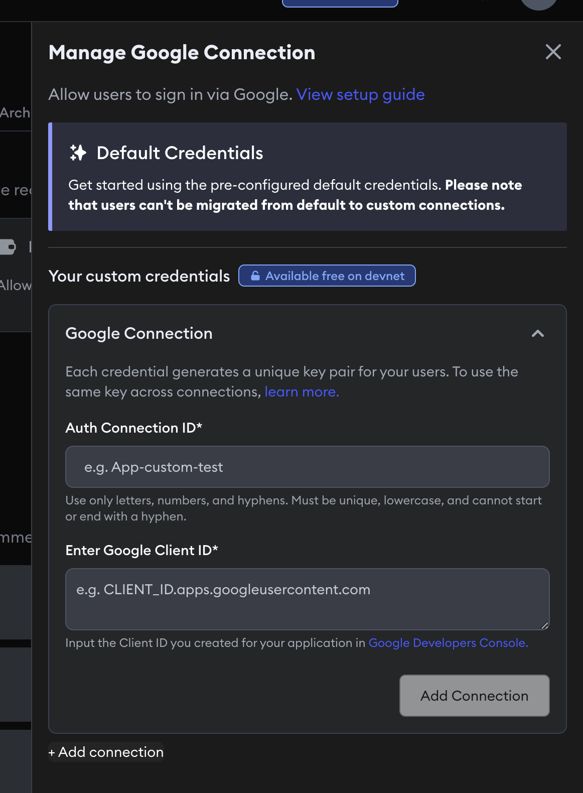 Google connection settings