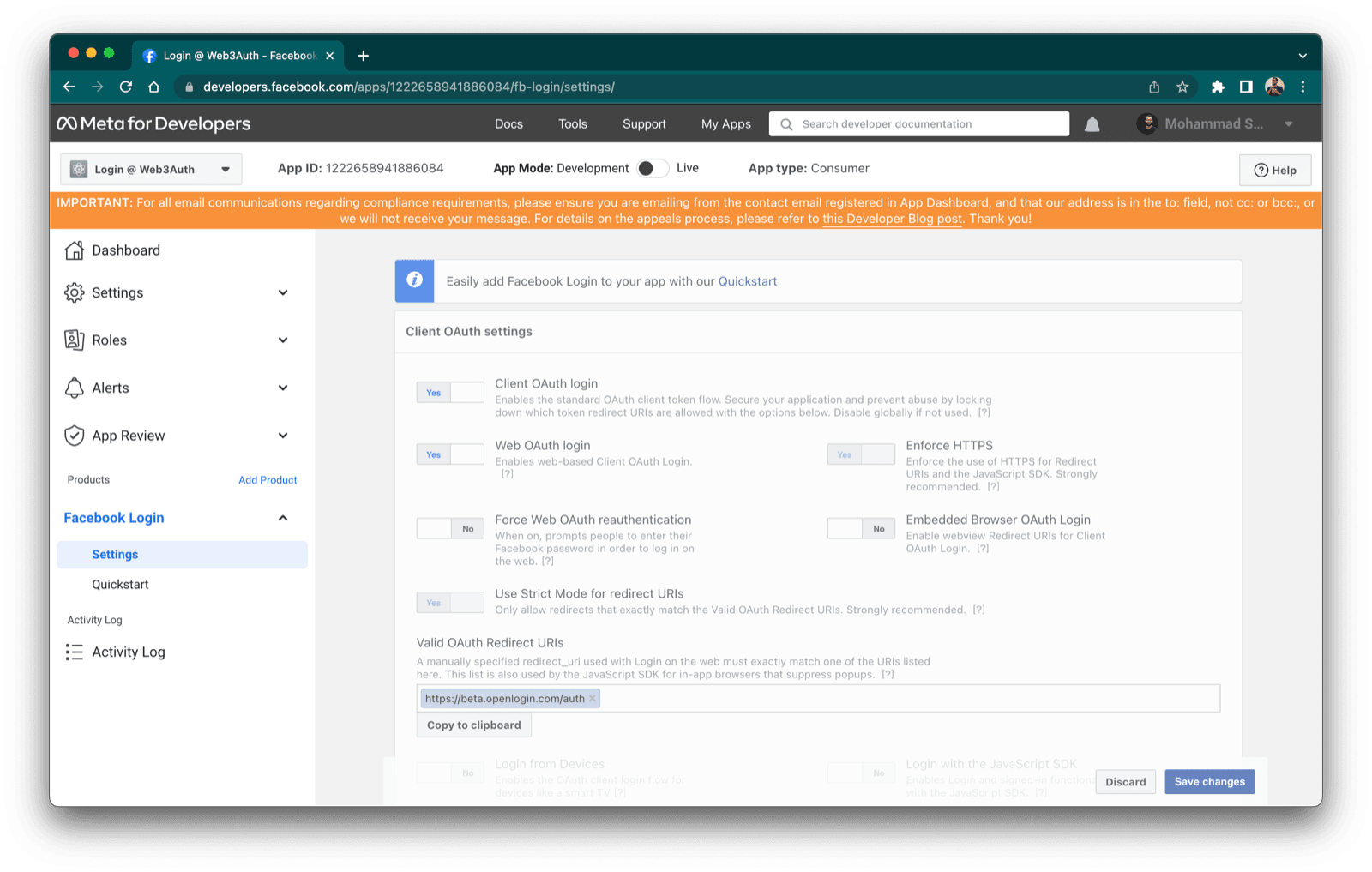 Facebook Valid OAuth Redirect URIs